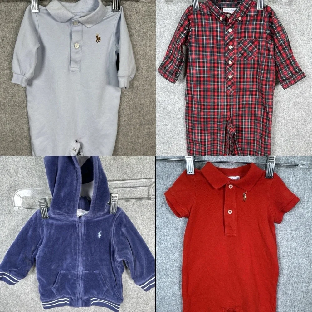 Lot of 4 Baby Boy Ralph Lauren Outfits Romper Plaid Red Blue Jacket 9m & 3m